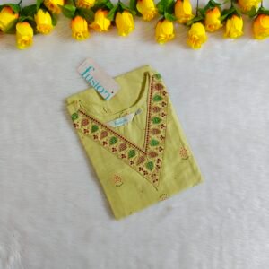 OLIVE GRACE – EMBROIDERED GREEN KURTI WITH FLORAL NECKLINE